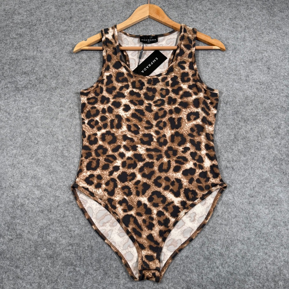 Emprada Leopard Print Bodysuit Racerback Snap Crotch XL NWT